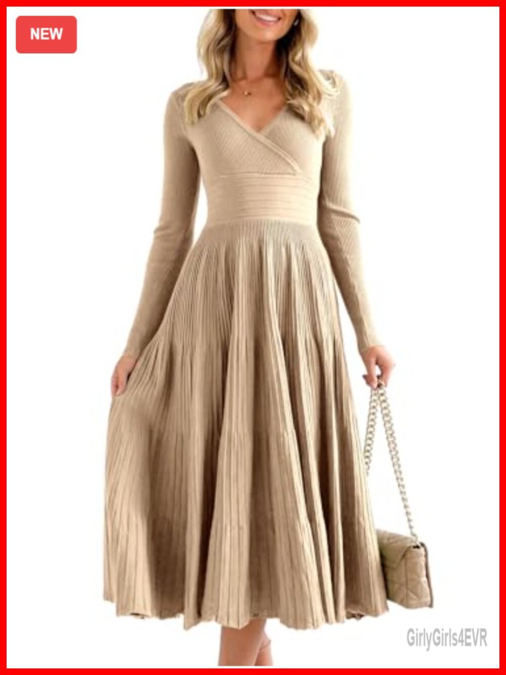 Women's Long Sleeve Midi Sweater Dress V Neck Pleated Fit Flare Knit
